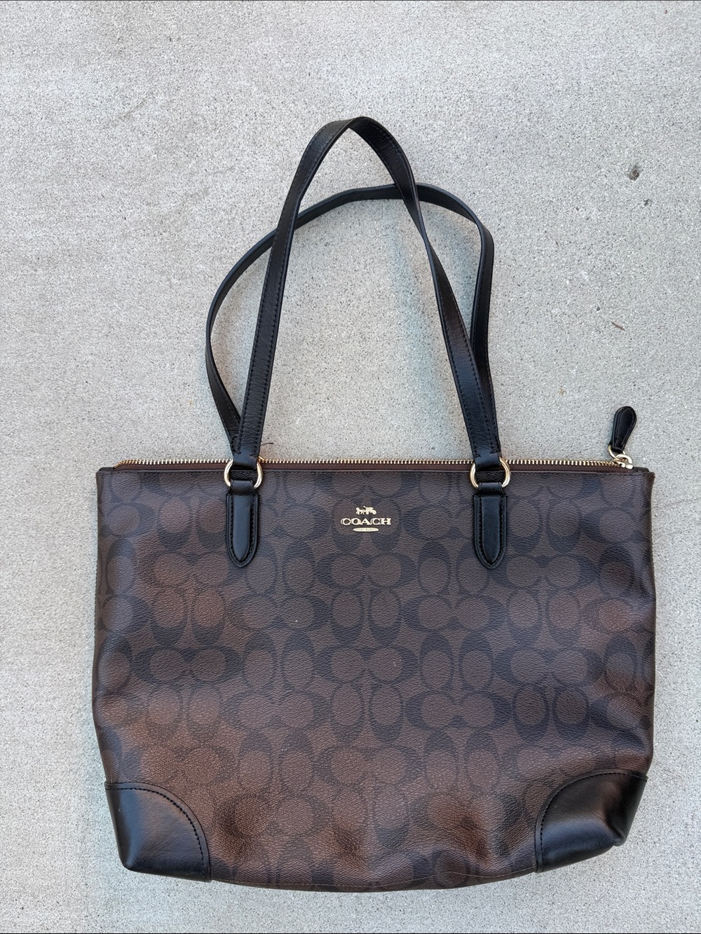 Coach City Zip Brown Signature Tote with Black Leather Handles and Gold Hardware